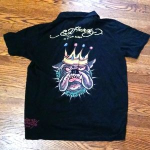 VINTAGE ED HARDY Crowned Bulldog Polo/Golf Collar Short Sleeve Shirt Men…